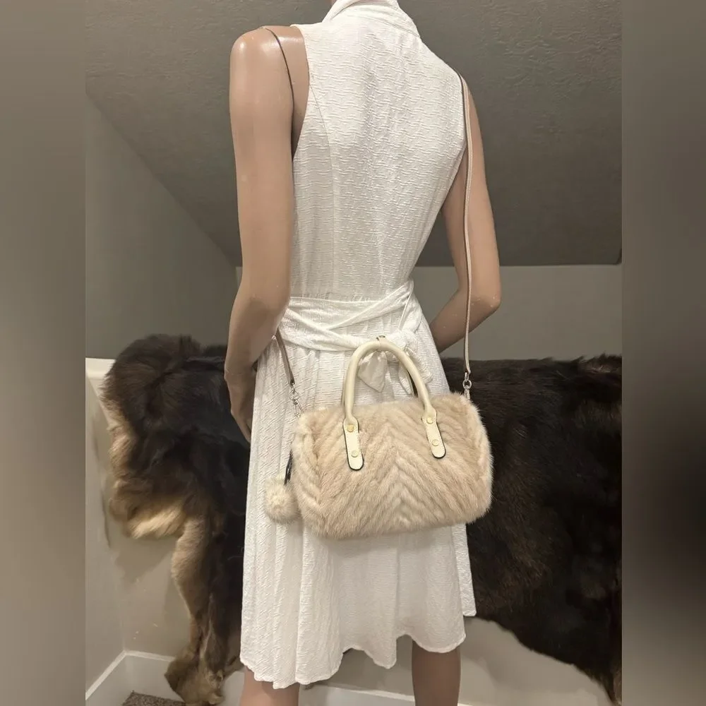 Ivory Real Mink Fur & Leather Handles Handmade Boston Bag & Mink Fur Bag Charm